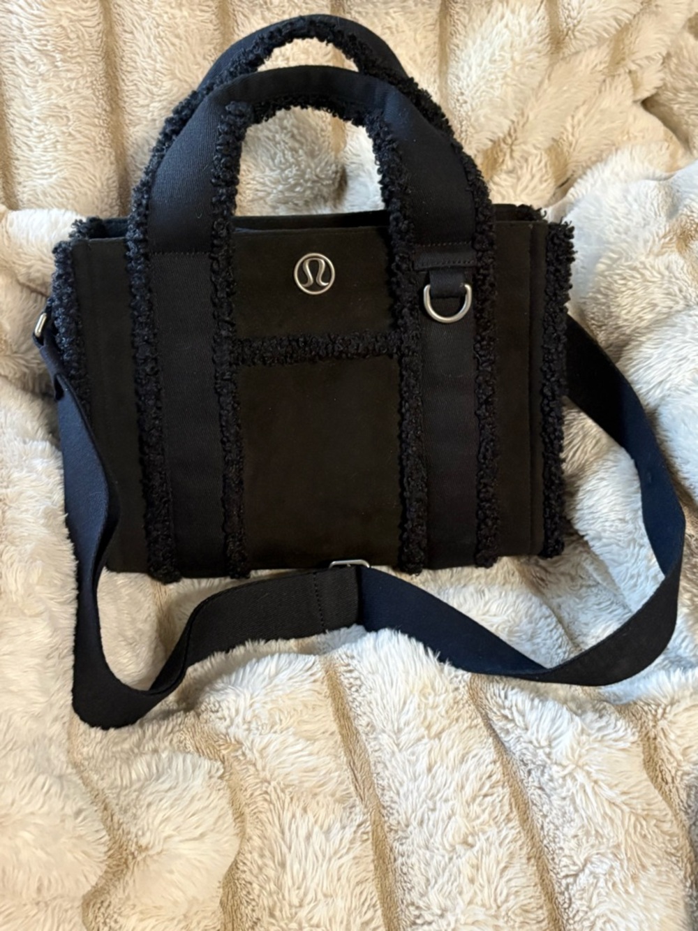 lululemon athletica Black Shearling-Trim Mini Tote